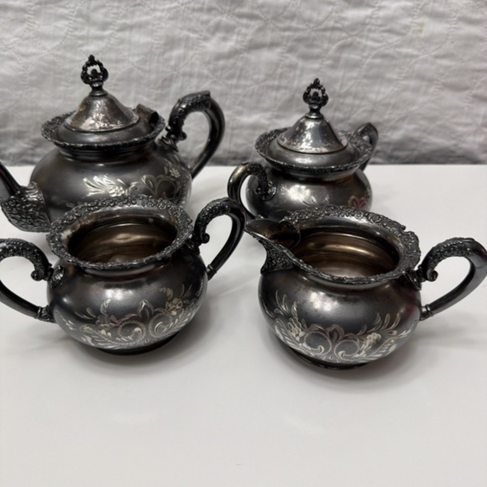 1898 Van Bergh Quadruple Plate Tea Set–pattern 468 4pc Victorian Etched Floral